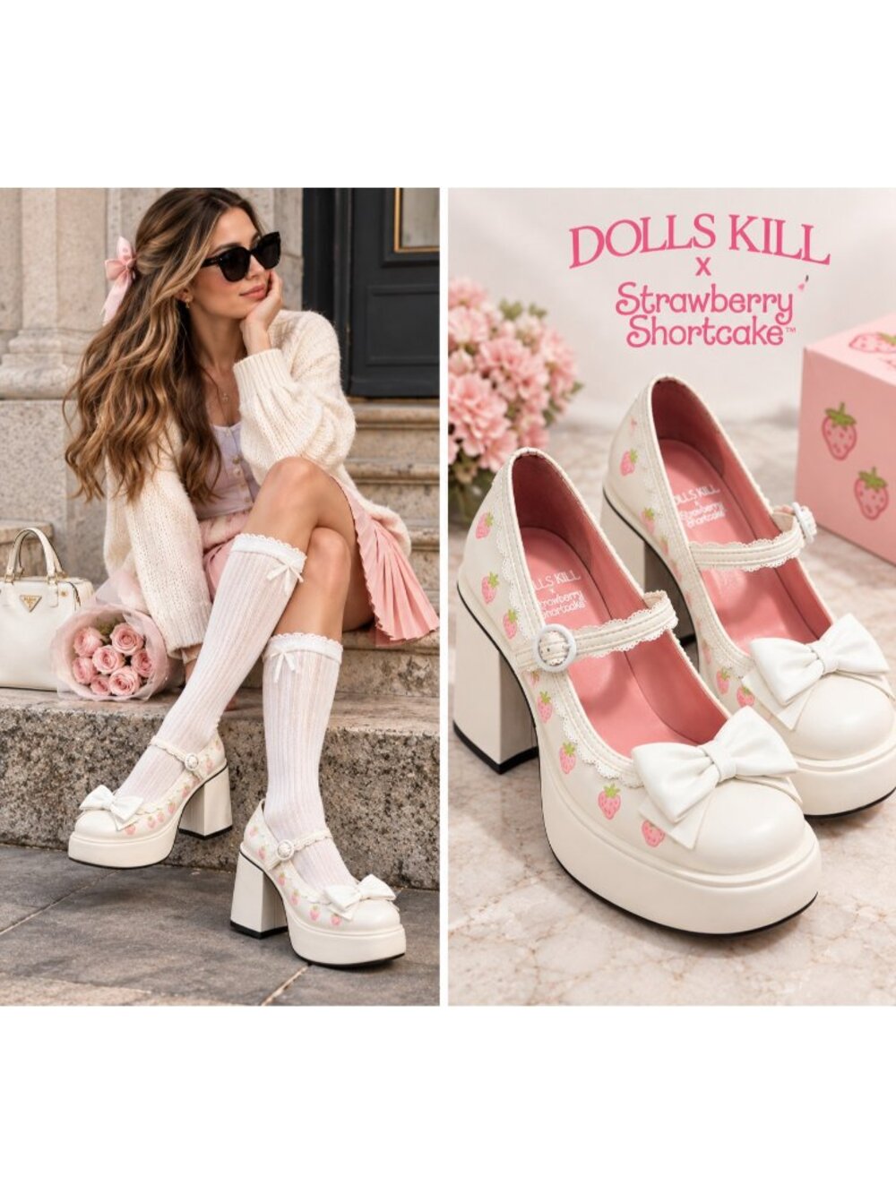 Dolls Kill x Strawberry Shortcake White Platform Mary Jane Heels Bow Size 9M